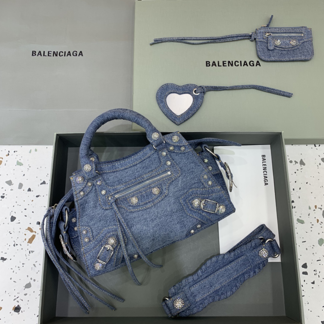 Balenciaga Neo Cagole XS Handbag Shoulder Bag in Denim With Rhinestones